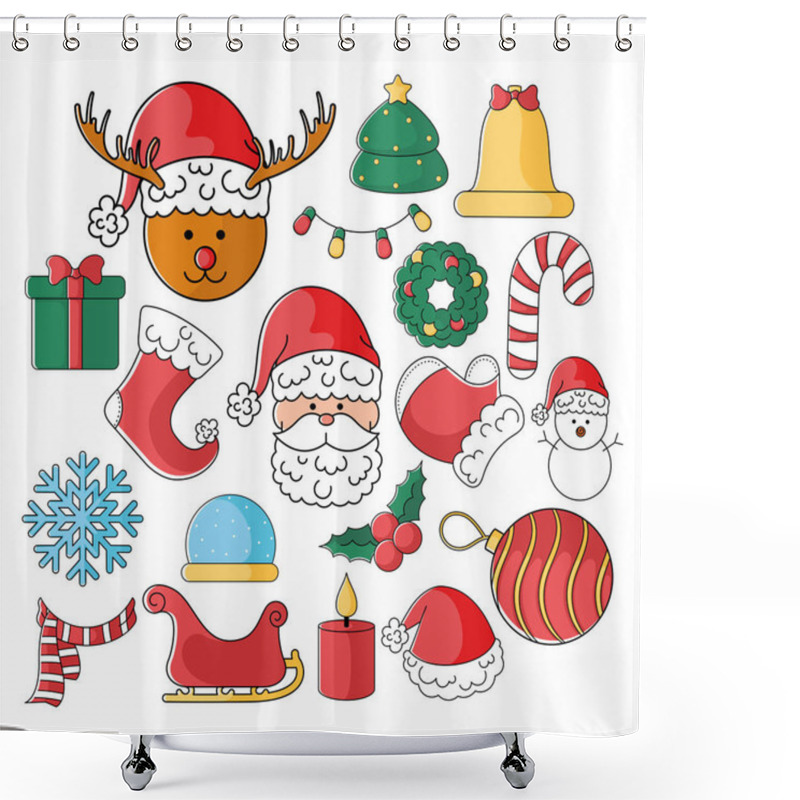 Personality  Festive Collection Of Christmas Decorations Featuring Reindeer, Santa, Snowman, And Wreath For Seasonal Designs. Vector Illustration Shower Curtains