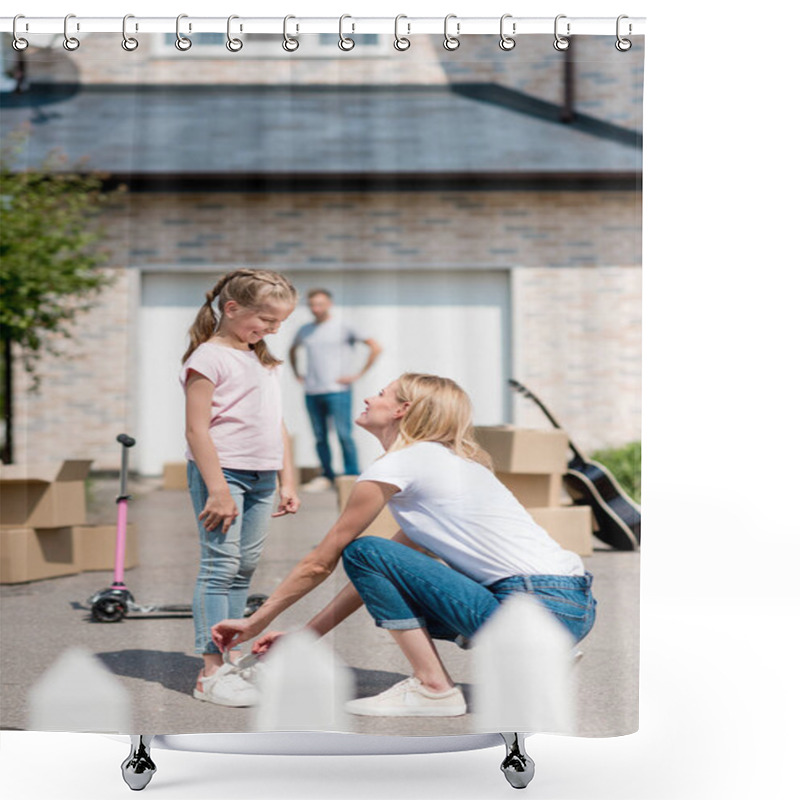 Personality  Smiling Woman Tying Shoelaces Of Daughter And Man Standing Behind Near Cardboard Boxes In Yard Of New Cottage  Shower Curtains