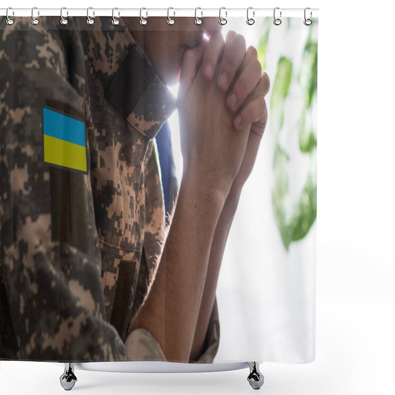 Personality  Ukrainian Man Warrior Dressed In A Military Pixel Uniform The Yellow-blue Flag Of Ukraine Shower Curtains