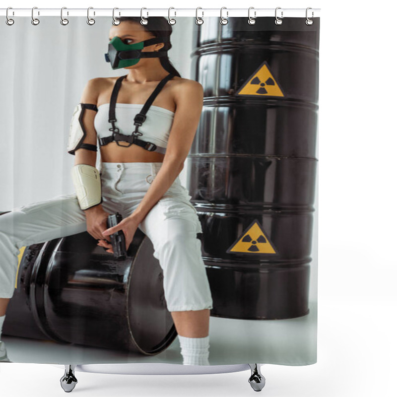 Personality  Futuristic African American Woman In Safety Mask With Gun Near Radioactive Waste Barrels On White Background Shower Curtains