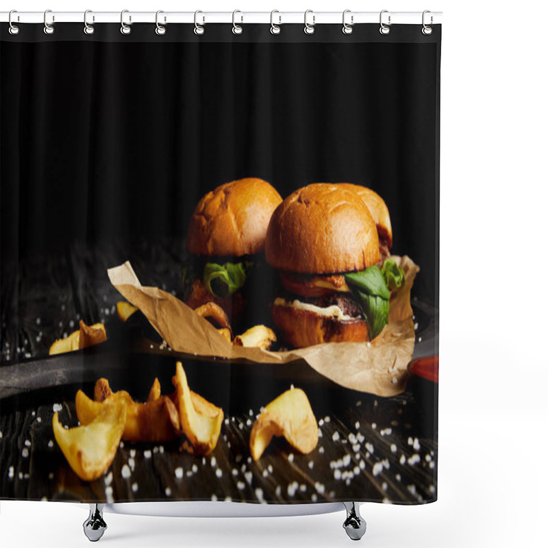 Personality  Set Of Junk Food Hamburgers And Fried Potatoes With Scattered Salt On Wooden Table Shower Curtains