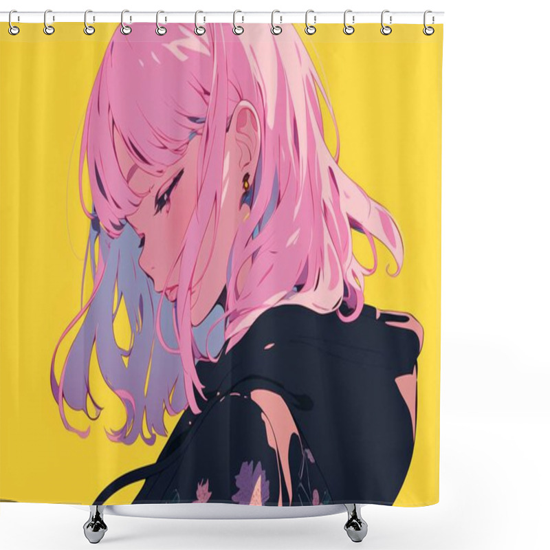 Personality  A Detailed Anime-style Illustration Of A Pink-haired Girl With A Yellow Backdrop, Exuding Elegance And Style. Shower Curtains