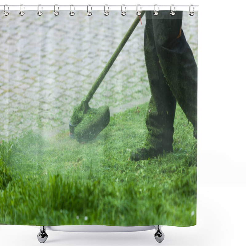 Personality  Man Mowing Green Grass Using Brushcutter Shower Curtains