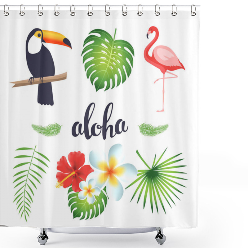 Personality  Set Of Toucan, Flamingo, Tropical Leaves And Flowers. Shower Curtains