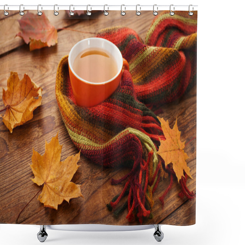 Personality  Autumn Leaves, Book And Cup Of Tea On Wooden Table In Studio Shower Curtains