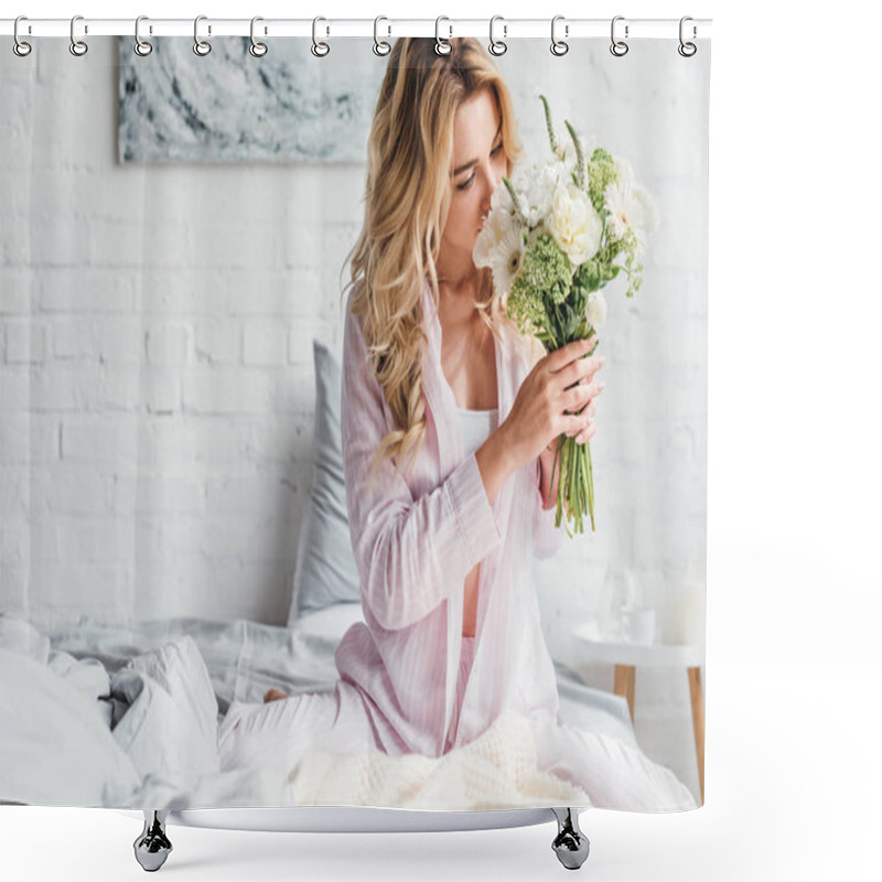 Personality  Young Woman Covering Face While Smelling Flowers In Bedroom  Shower Curtains