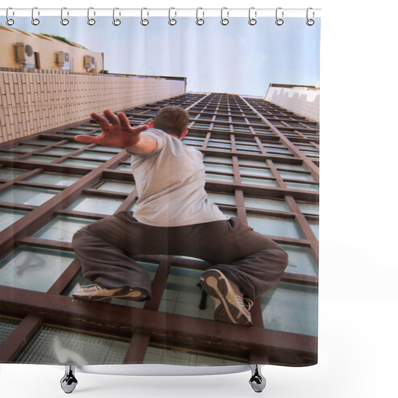 Personality  Man In Urban Free Climbing Position Shower Curtains