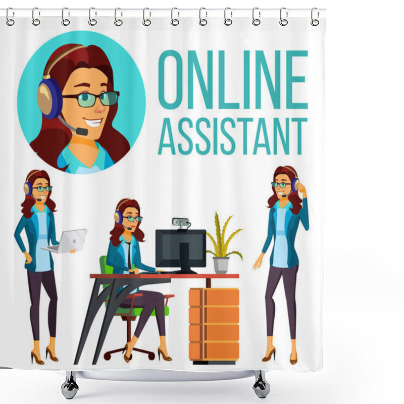 Personality  Online Assistant European Woman Vector. Headphone, Headset. Helpline Operator. Website Support. Illustration Shower Curtains