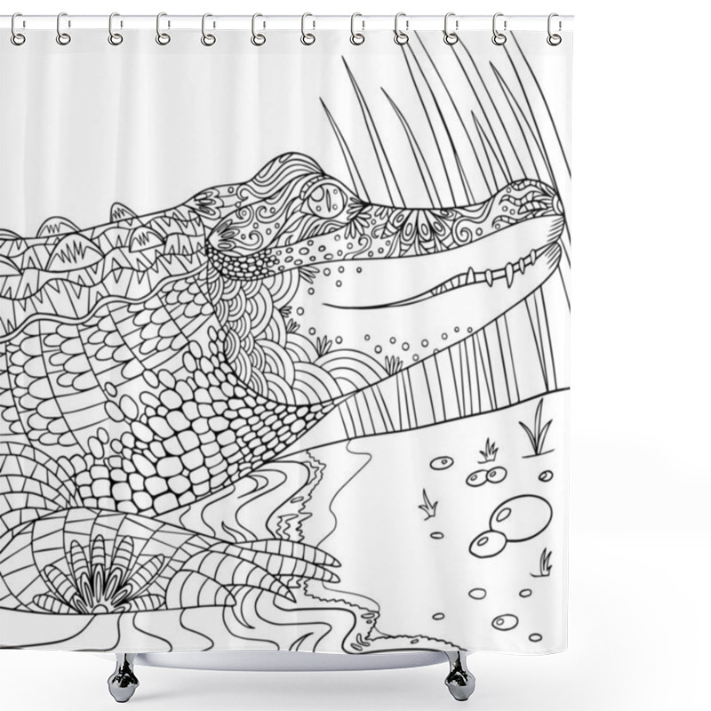 Personality  Hand Drawn Vector Illustration Of A Crocodile. Wildlife Nature. Line Art For Coloring Book Pages For Adult. Cartoon Crocodile Isolated On White. Shower Curtains