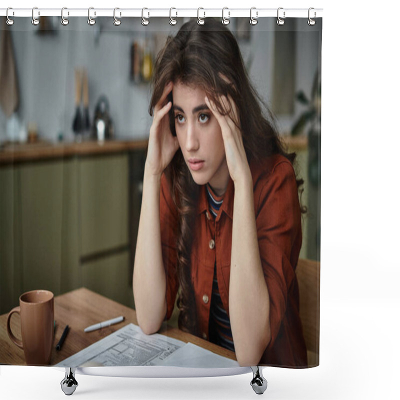 Personality  A Young Woman Experiences Deep Emotional Turmoil While Sitting At A Table With Her Thoughts. Shower Curtains