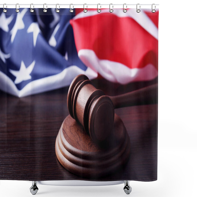 Personality  Judge Gavel With American Flag On Wooden Table Shower Curtains