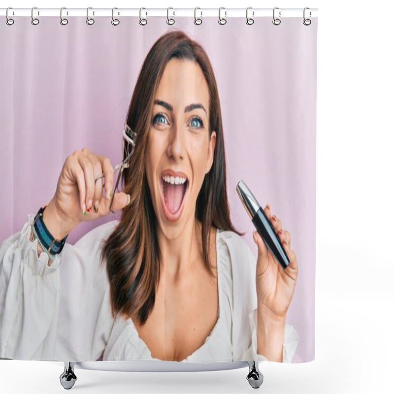 Personality  Young Brunette Woman Holding Eyelash Curler Celebrating Crazy And Amazed For Success With Open Eyes Screaming Excited.  Shower Curtains