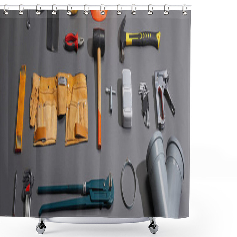 Personality  Panoramic Shot Of Industrial Tools And Tool Belt On Grey Background Shower Curtains