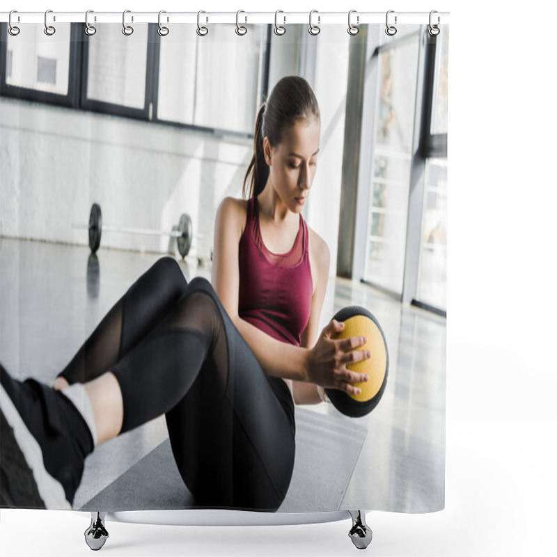 Personality  Beautiful Determined Sportswoman Working Out On Abs With Medicine Ball At Sports Center Shower Curtains