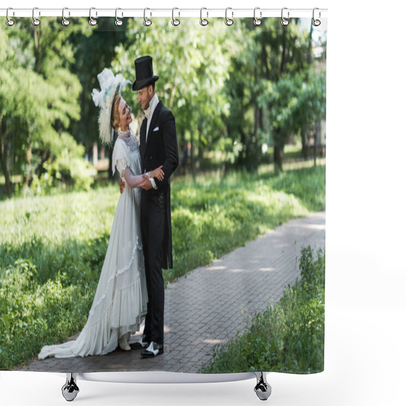 Personality  Handsome Victorian Man And Attractive Woman Looking At Each Other While Standing Outside  Shower Curtains