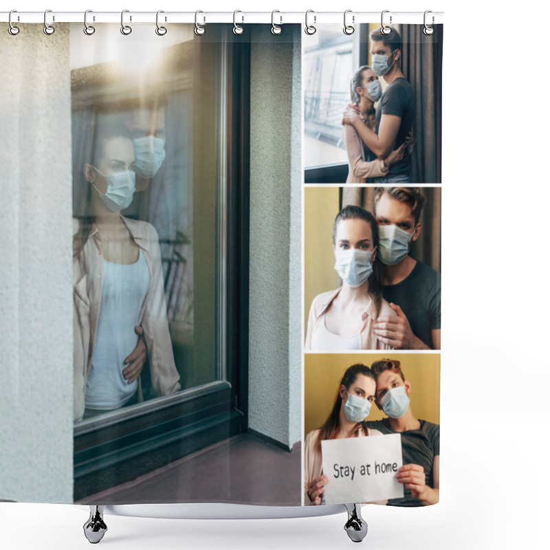 Personality  Collage Of Couple In Medical Masks Holding Placard With Stay At Home Lettering And Hugging Near Windows At Home Shower Curtains