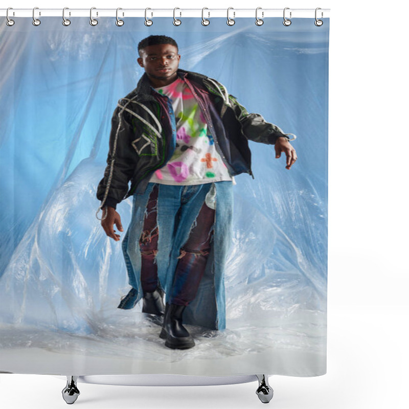 Personality  Full Length Of Confident Young Afroamerican Model In Outwear Jacket With Led Stripes And Ripped Jeans Walking On Glossy Cellophane On Blue Background, Urban Outfit, DIY Clothing  Shower Curtains