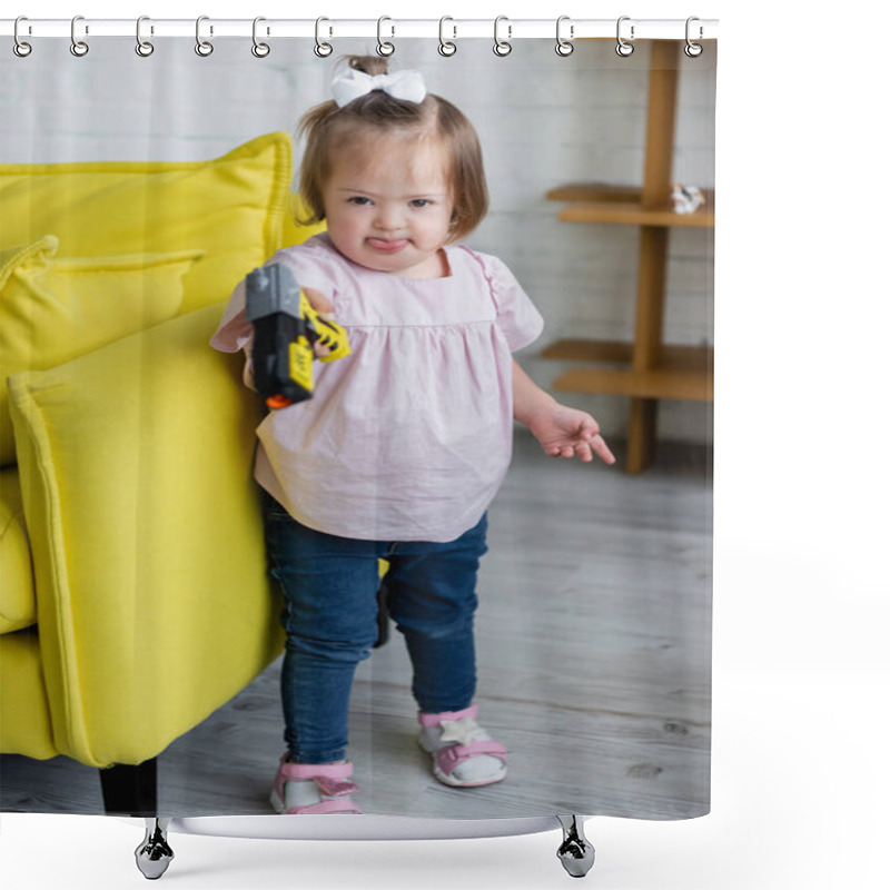 Personality  Kid With Down Syndrome Playing With Blurred Toy Gun Shower Curtains