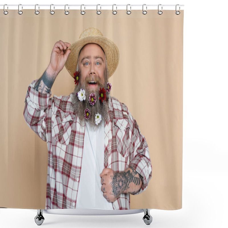 Personality  Chubby Man With Flowers In Beard Adjusting Straw Hat And Smiling At Camera Isolated On Beige Shower Curtains