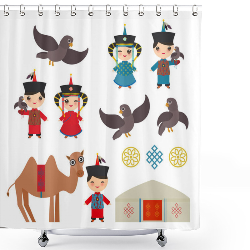 Personality  Mongolian Boy And Girl National Costume. Cartoon Children In Traditional Dress. Hunter, Hunting With An Eagle, Camel, Traditional Dwellings, Such As The Yurt And The Tent. Vector Illustration Shower Curtains