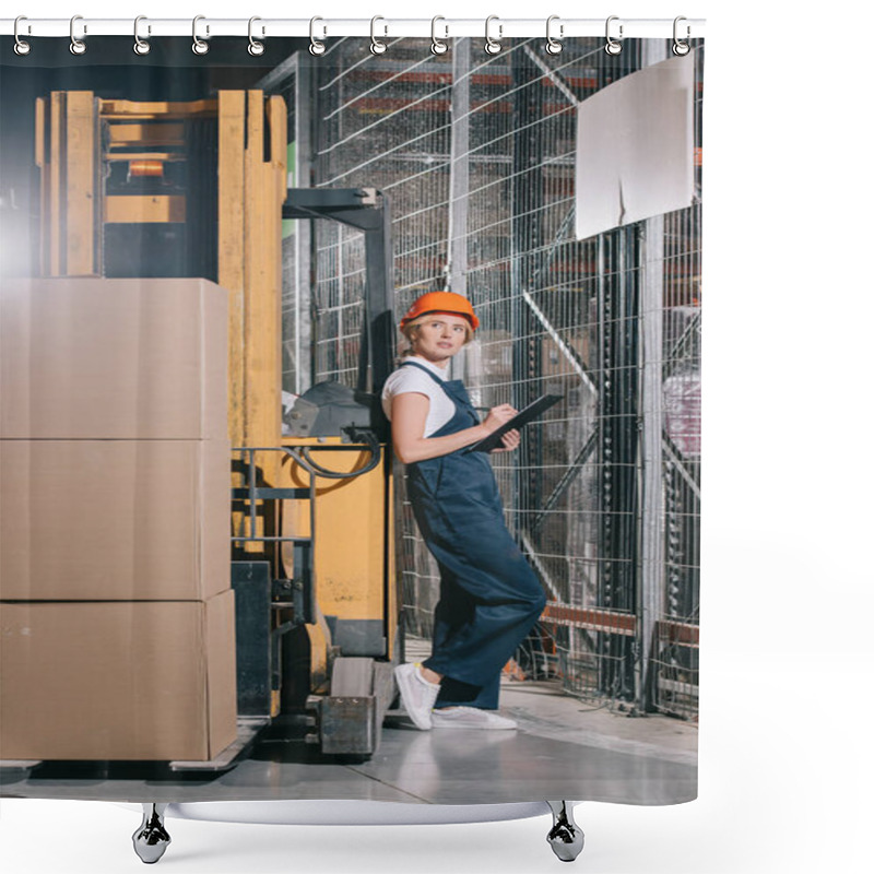 Personality  Attractive Workwoman Writing On Clipboard And Looking Away While Standing Near Forklift Loader Shower Curtains