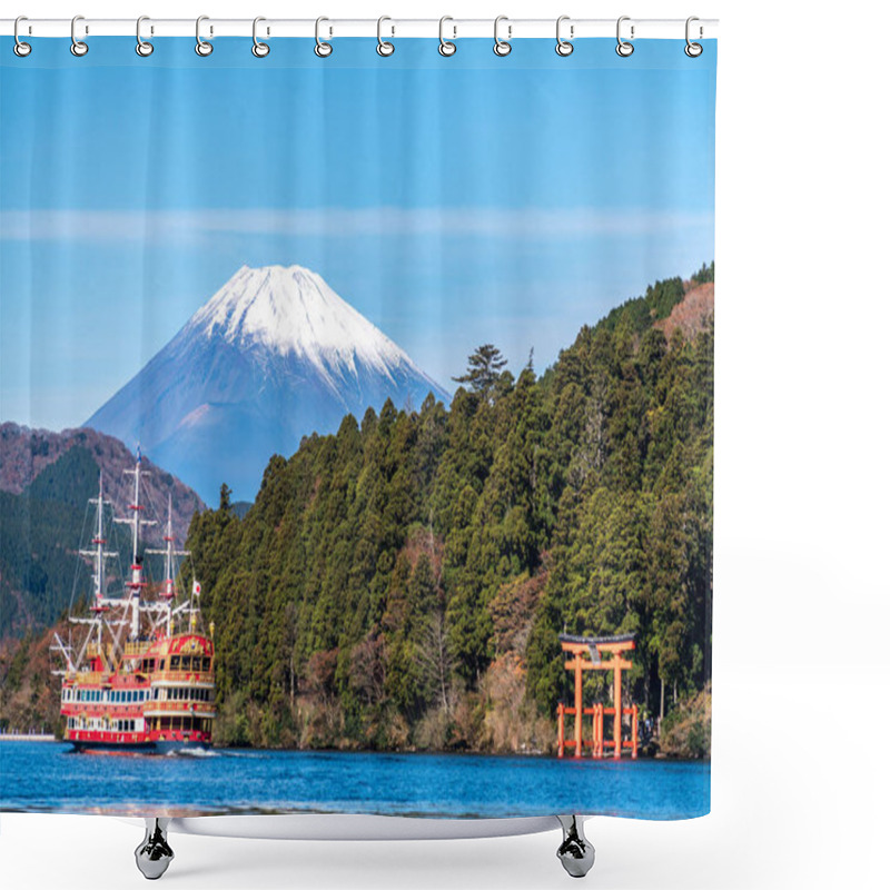 Personality  Mountain Fuji And Lake Ashi With Hakone Temple And Sightseeing Boat In Autumn Shower Curtains