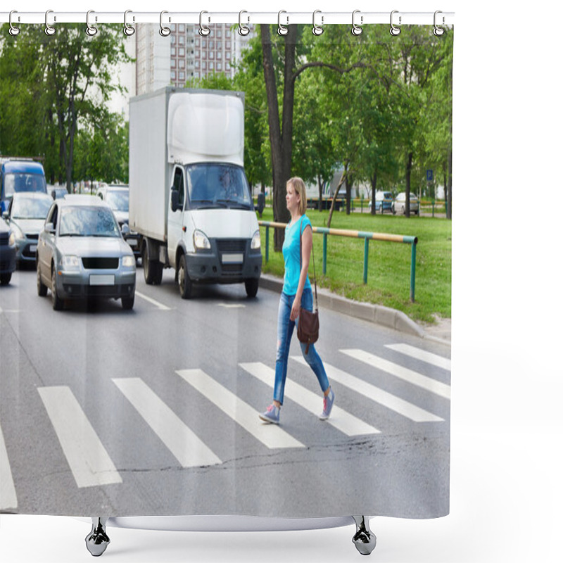 Personality  Woman Crossing The Street At Pedestrian Crossing Shower Curtains