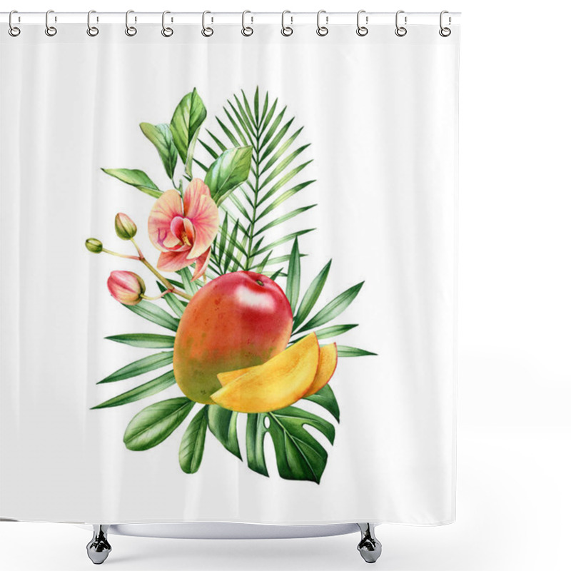 Personality  Watercolor Mango Fruits. Vertical Bouquet With Juicy Fruits, Tropical Orchid Flowers And Palm Leaves. Botanical Hand Drawn Illustration For Cards, Print, Label Design Shower Curtains