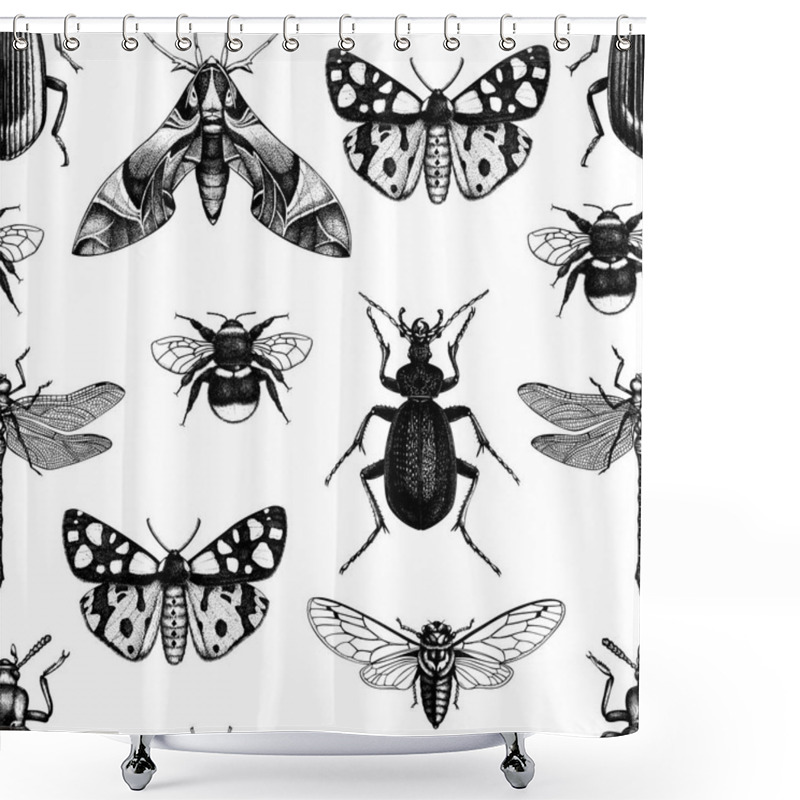 Personality  Monochrome Hand Drawn Pattern With Different Kinds Of Insects Shower Curtains