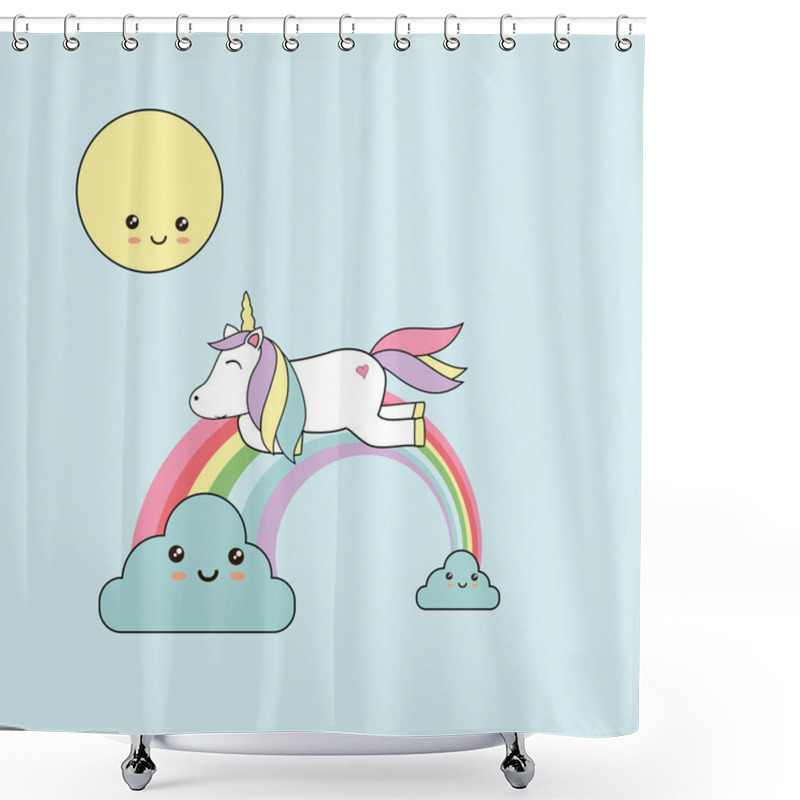 Personality  Vector Illustration With Sweet Unicorn - Kawaii Style Shower Curtains