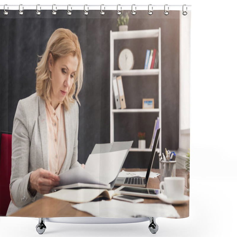 Personality  Businesswoman Reading Document At Office Desktop Shower Curtains