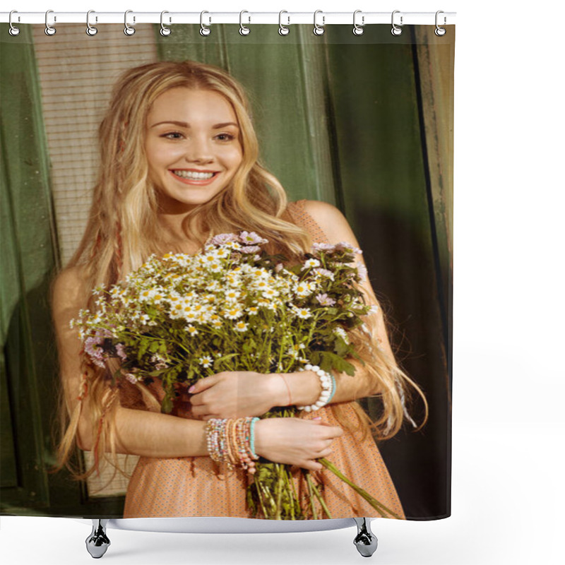 Personality  Young Bohemian Woman Holding Chamomiles Shower Curtains