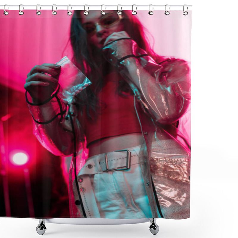 Personality  Girl Holding Plastic Zipper Bag With Drugs In Nightclub Shower Curtains