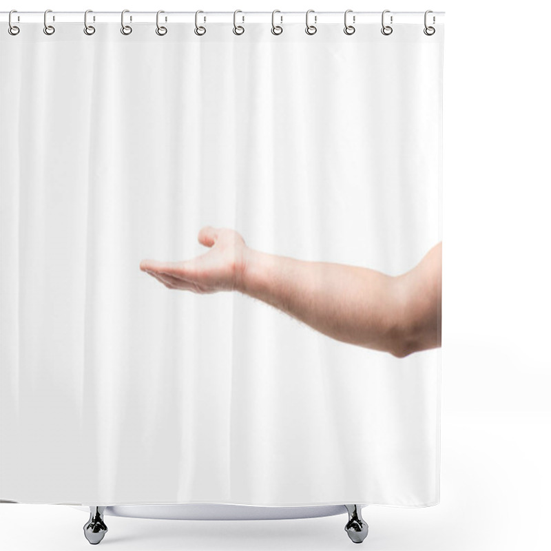 Personality  Cropped View Of Man Pointing With Hand Isolated On White Shower Curtains