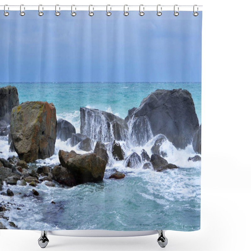 Personality  Raging Sea, Storm Near The Shore. Beautiful Seascape, Cloudy Weather In The Rainy Season. There Is Room For Text. Water Element.  Beautiful Blue Water Color Shower Curtains