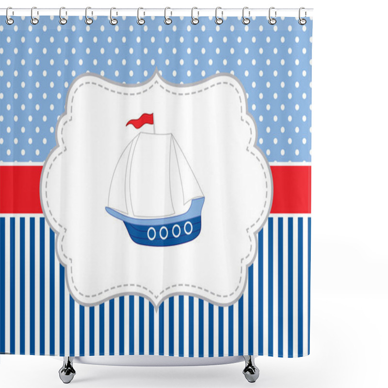 Personality  Vector Card Template With A Ship On Polka Dot And Stripes Background. Vector Nautical. Shower Curtains