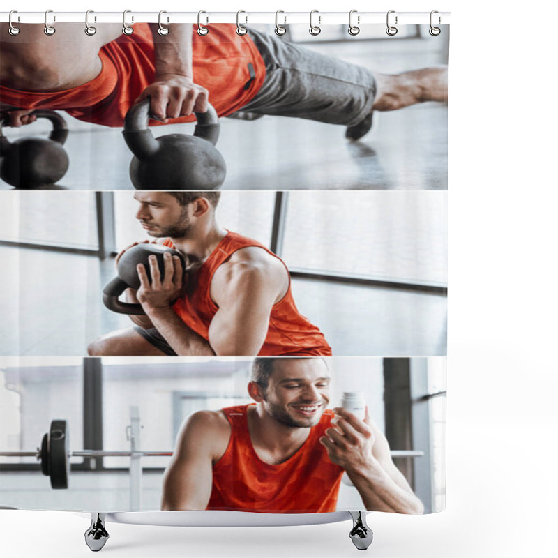 Personality  Collage Of Happy Sportsman Looking At Bottle With Probiotic Lettering And Exercising With Dumbbells In Gym  Shower Curtains