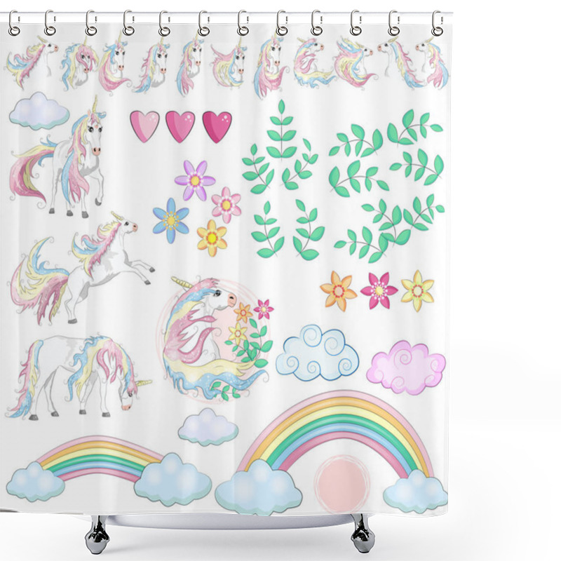 Personality  Large Set With Unicorns, Flowers, Leaves, Hearts, Rainbow And Other Design Elements. Shower Curtains