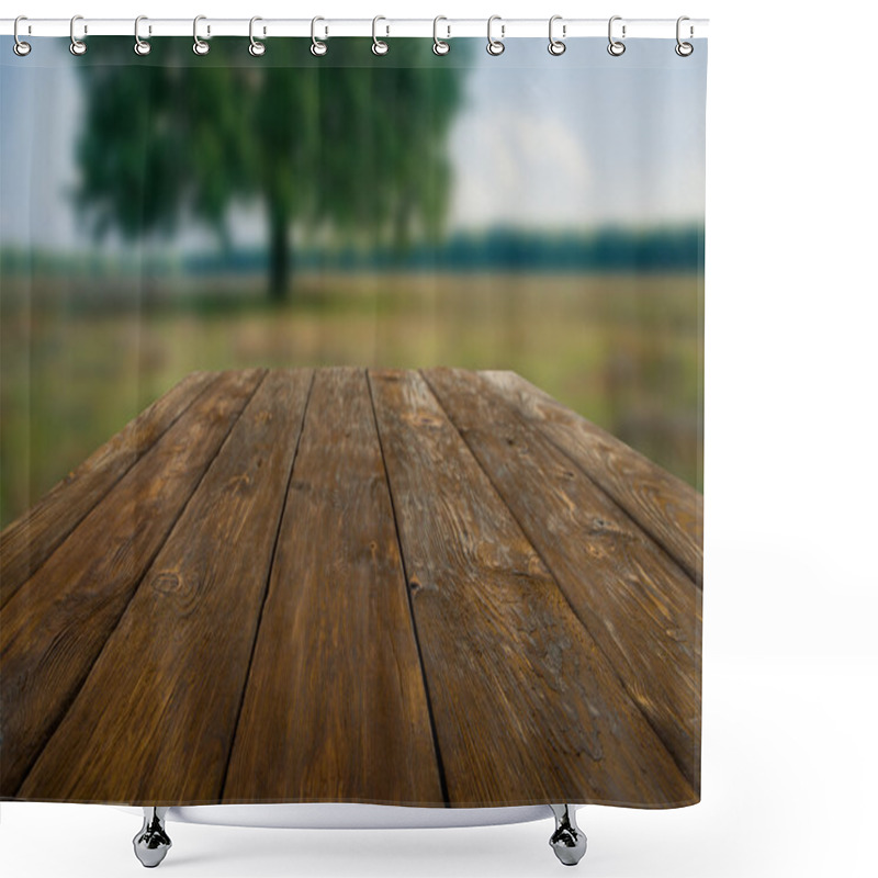 Personality  Wooden Table Outdoors With Beautiful Field Background Shower Curtains