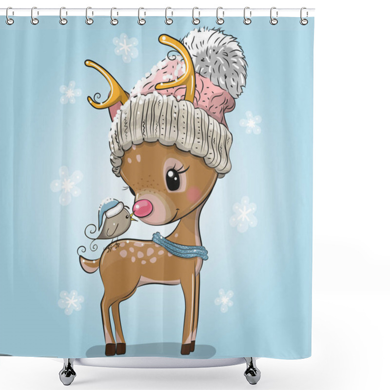 Personality  Cute Cartoon Deer Hat With Bird On A Blue Background Shower Curtains