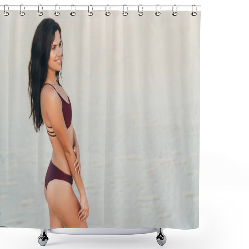 Personality  Side View Beautiful Girlfriend Met Someone Familiar On The Beach, The Model Is Standing In A Swimsuit And Smiling At A Friend Wants To Approach Him. Concept Of Rest, Beach, Travel, People. Shower Curtains