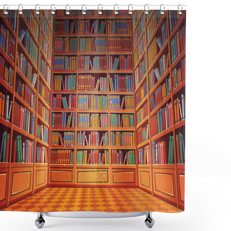 Personality  Library Book Shelves Cartoon Vector Illustration. Shower Curtains