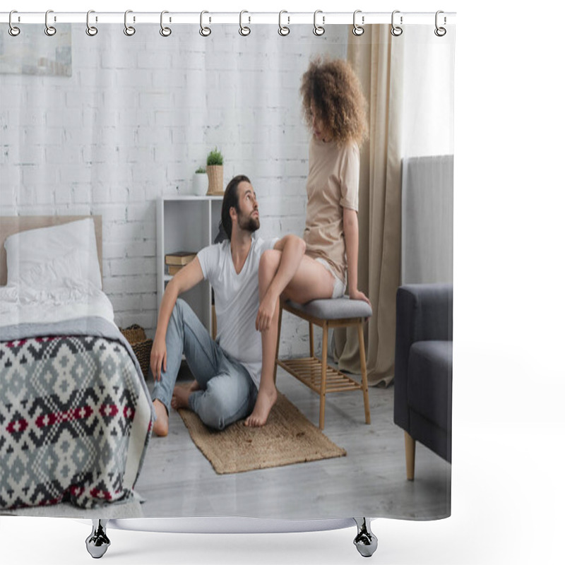 Personality  Bearded Man Sitting On Carpet And Looking At Curly Girlfriend On Bed Bench  Shower Curtains