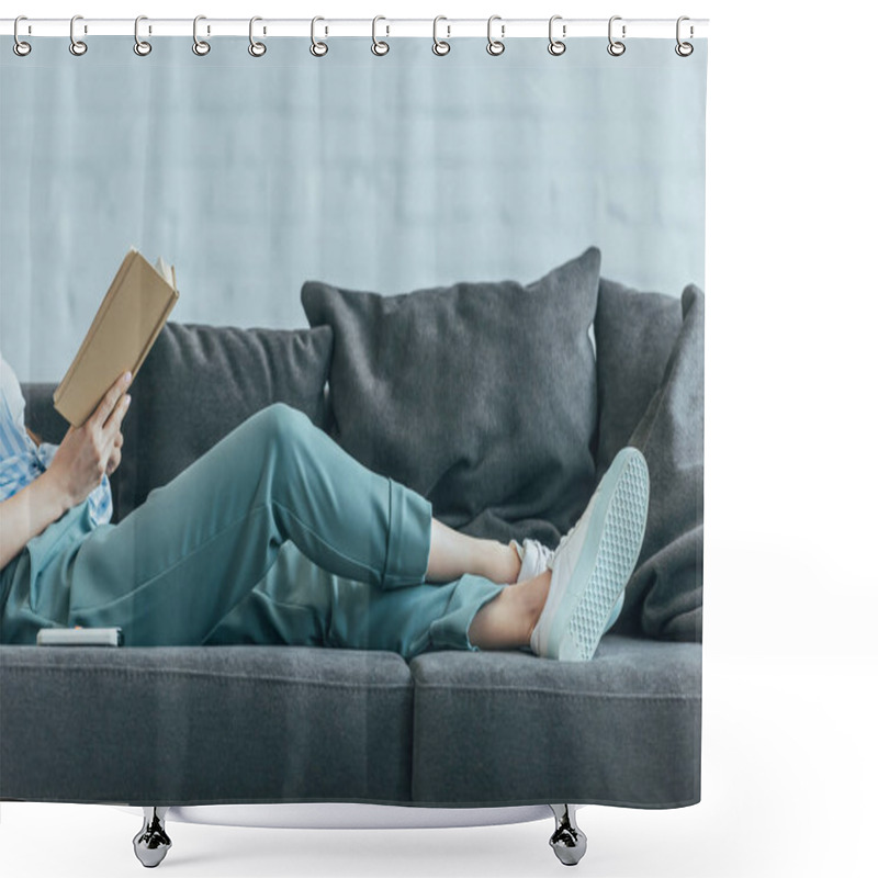 Personality  Cropped View Of Woman Relaxing On Sofa And Reading Book  Shower Curtains