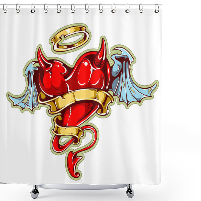 Personality  Tattoo Styled Heart With Wings, Horns And Ribbon Shower Curtains