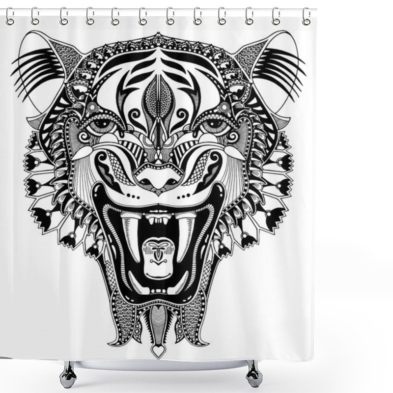 Personality  Original Black Head Tiger Drawing With The Opened Fall Shower Curtains