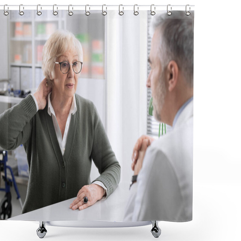 Personality  Senior Lady With Neck Pain In The Doctor's Office Shower Curtains