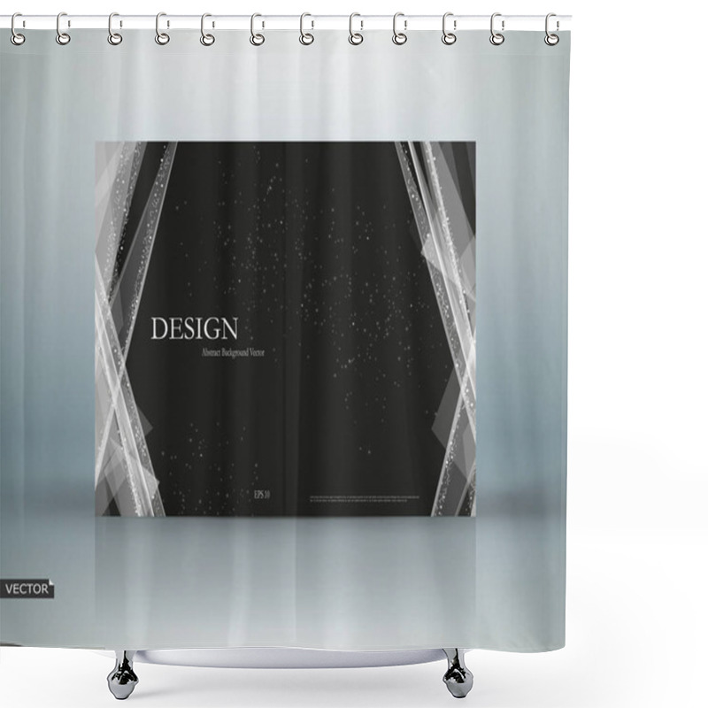 Personality  Abstract Binder. Black Polygonal A4 Brochure Cover Design. Info Banner Frame. Elegant Ad Flyer Text Font. Title Sheet Model Set. Fancy Vector Front Page. Blurb Texture. White Light Lines Figure Icon Shower Curtains