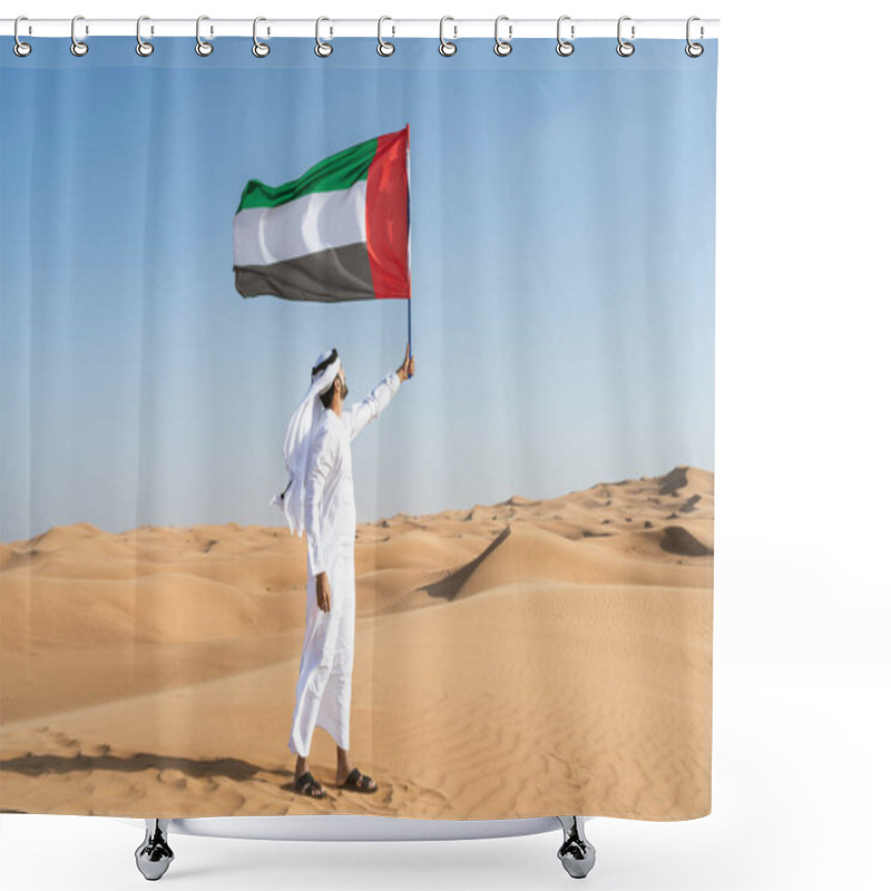 Personality  Middle-eastern Man Wearing Traditional Emirati Arab Kandura  In The Desert Holding The UAE Flag - Arabian Muslim Adult Person At The Sand Dunes In Dubai Celebrating Patriotism On National Day Shower Curtains