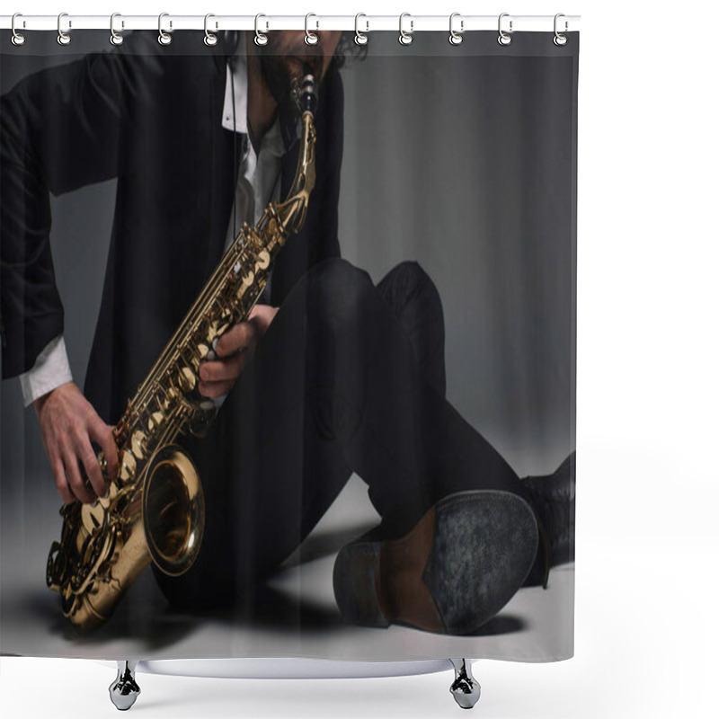 Personality  Cropped Shot Of Musician Playing Saxophone While Sitting On Floor Shower Curtains